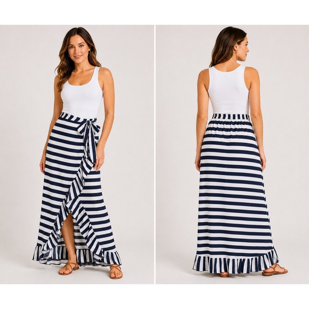 Tinseltown Womens Navy Blue White Striped Ruffle Wrap Maxi Skirt Size Large New